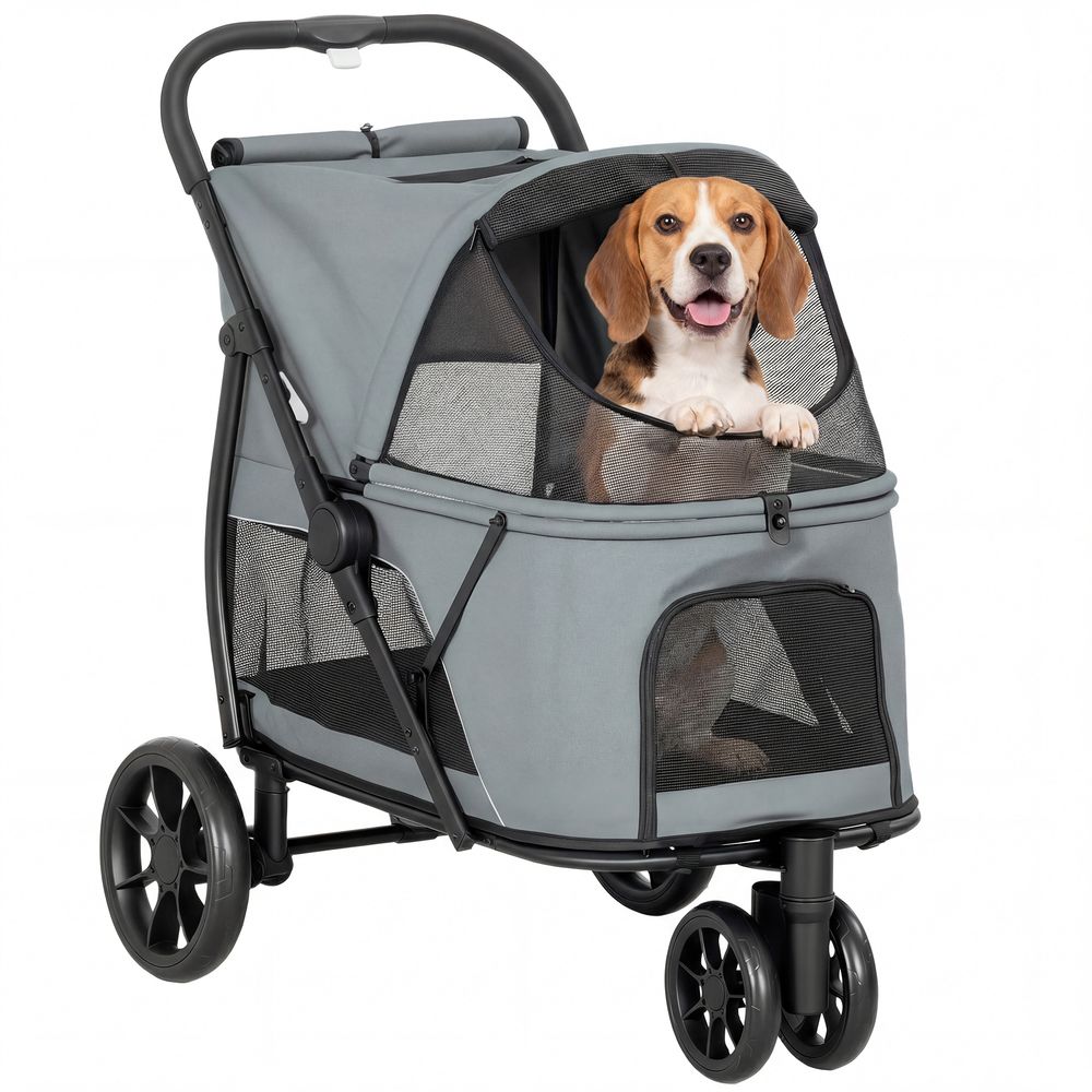 Poussette 3 roues en métal pour chien moyen tout-terrain pliable 92x63x95 cm gris - comfortxl outdoor living