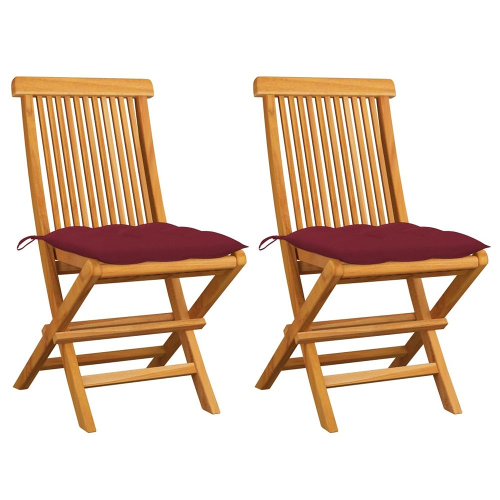 Chaises pliantes avec coussins rouge vin, 2 pièces, en teck massif