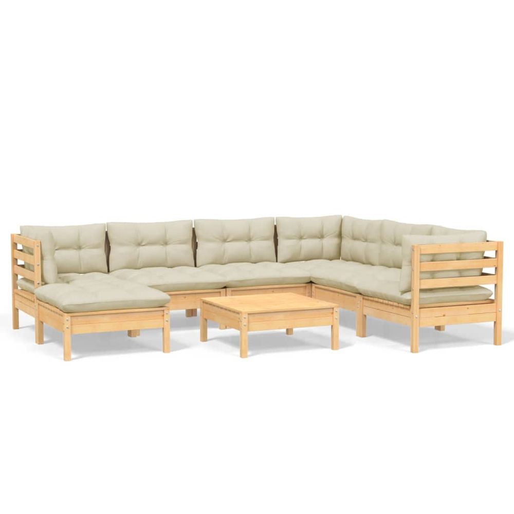 Salon de jardin 8 pcs avec coussins crème bois de pin massif
