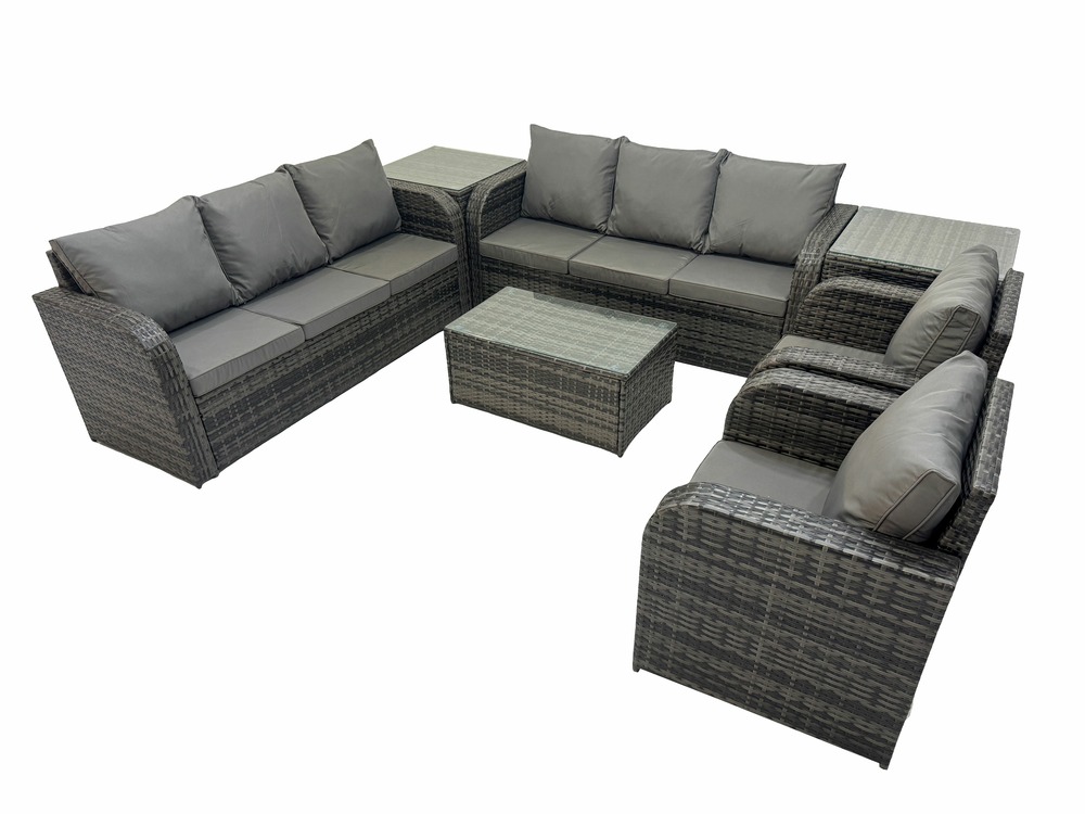 Ensemble de canapés en rotin avec canapé 3 places chaise inclinable 2 tables d'appoint gris foncé mixte