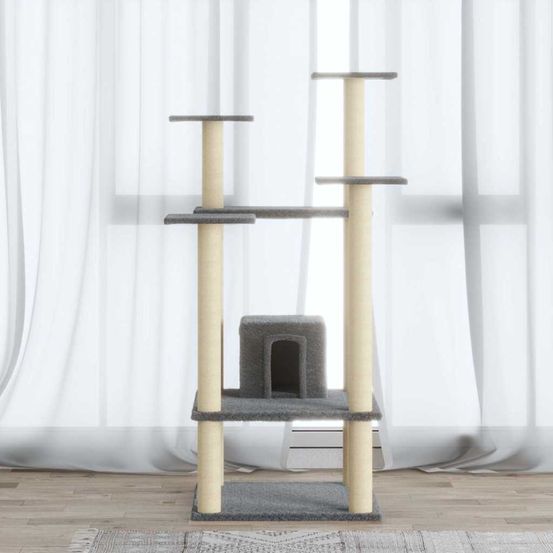 Arbre à chat 110 cm avec niche et poteaux griffoirs en sisal, tour de jeu et de repos en peluche gris clair