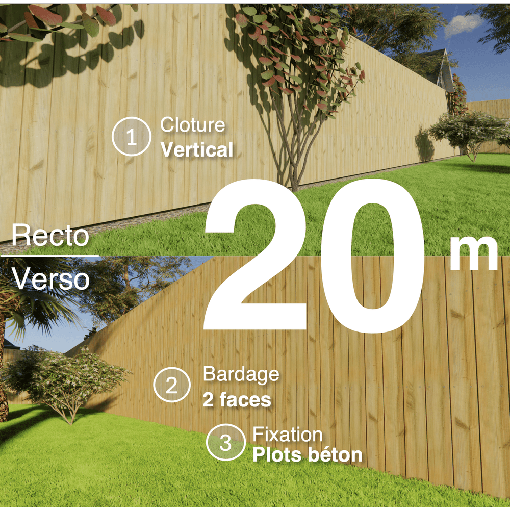 Kit clôture bois moderne 20m – h 2,3m – 21 x 130 mm autoclave vert – pose vertical – double face – à sceller