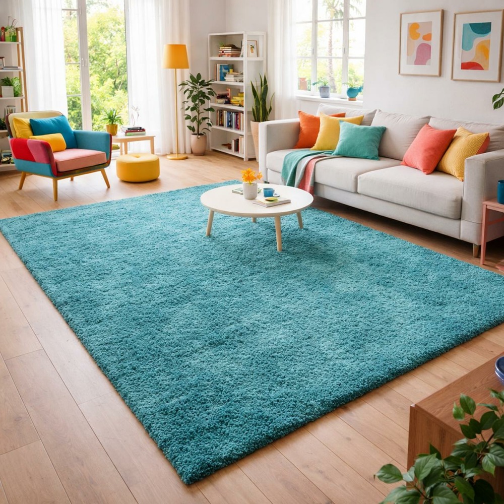 Tapis poils longs shaggy 80x250 rectangle tissé turquoise motif uni uni l