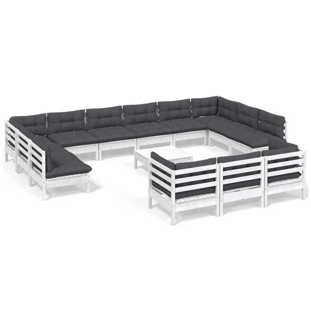 Salon de jardin 14 pcs avec coussins blanc bois de pin