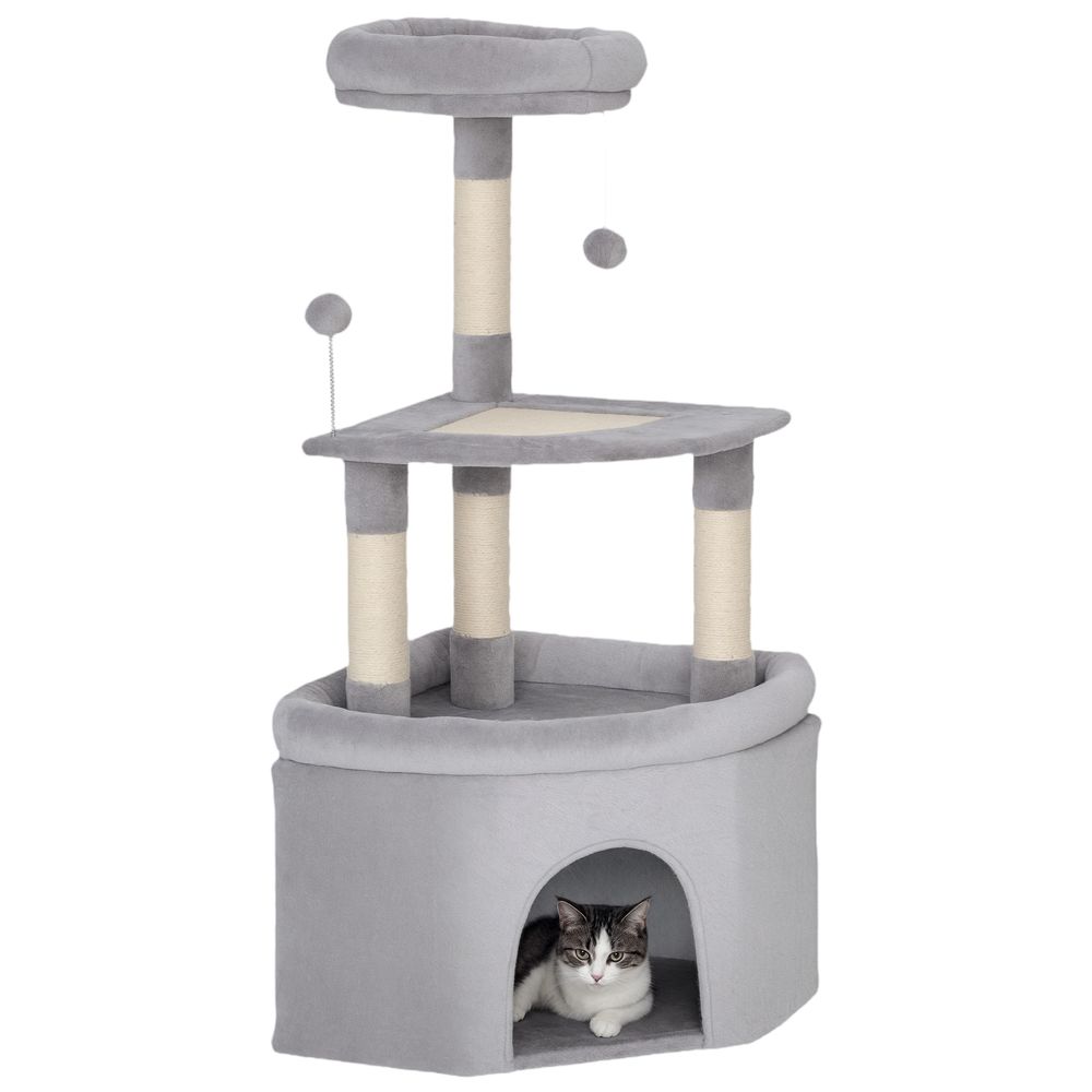 Arbre à chat d'angle avec griffoir sisal lit niche et plateformes tour de jeu 114 cm gris clair