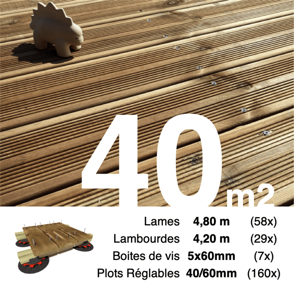 Kit complet terrasse pin autoclave marron pour 40 m², lames 4,8 m, lambourdes 4,2 m, plots réglables et visserie inox.