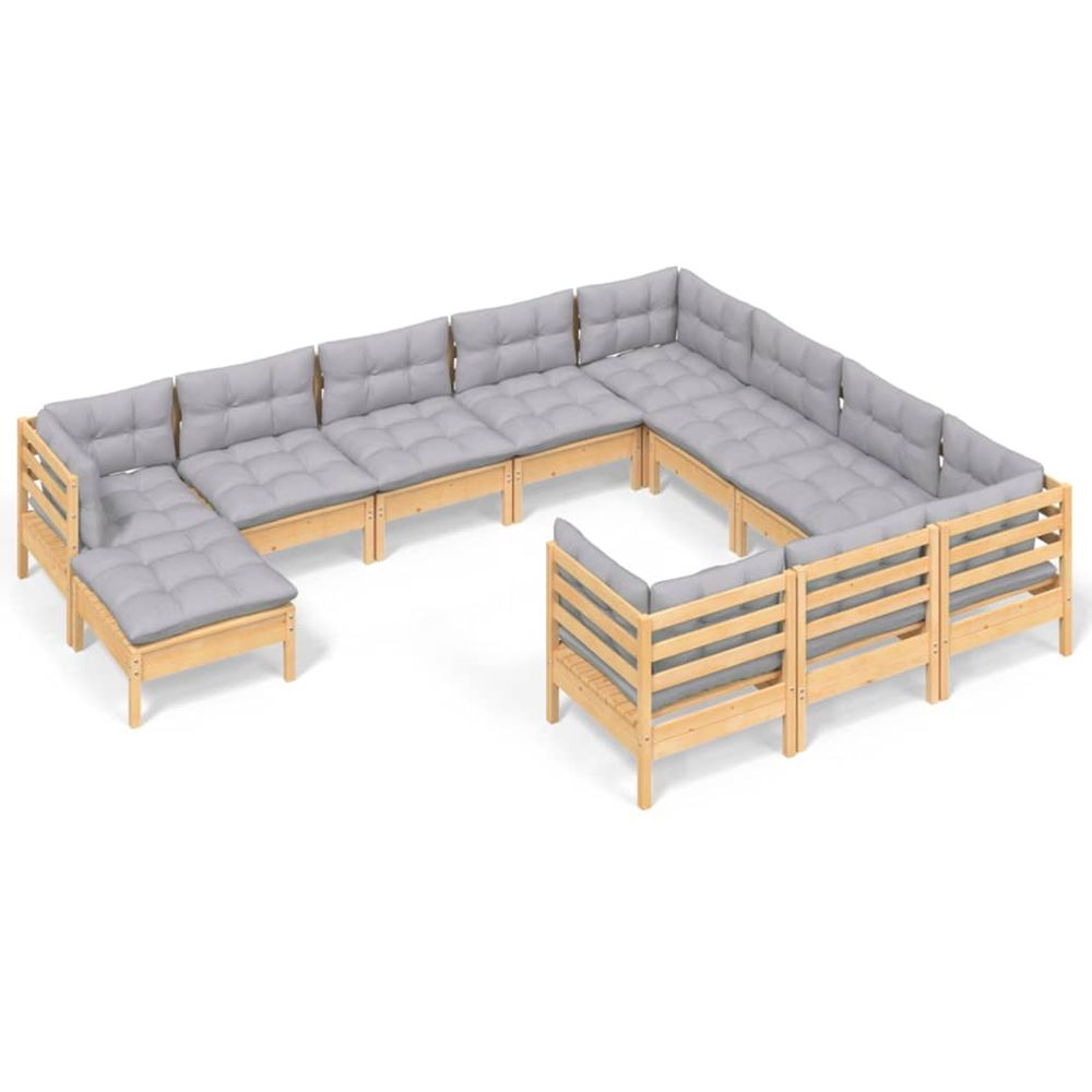 Salon de jardin 11 pcs avec coussins gris bois de pin