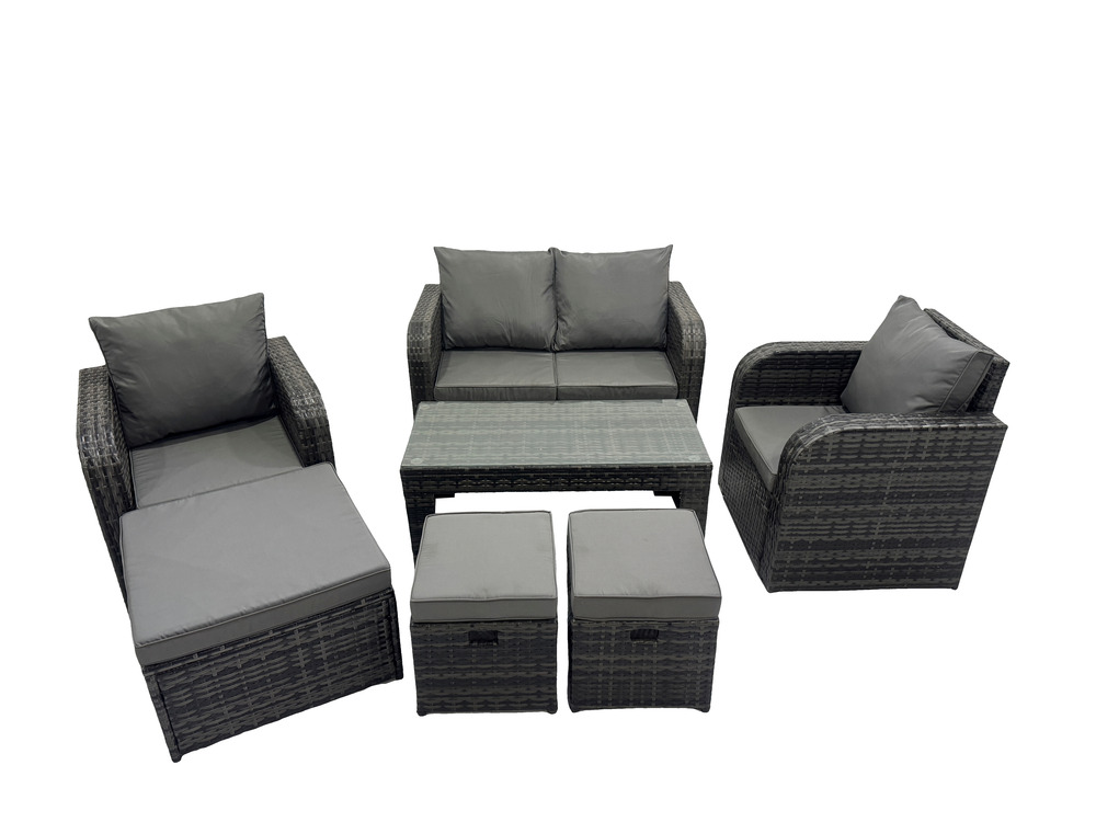 7 places ensemble de meubles de jardin en polyrotin avec table basse rectangulaire canapé d'amour 3 tabourets gris foncé mixte