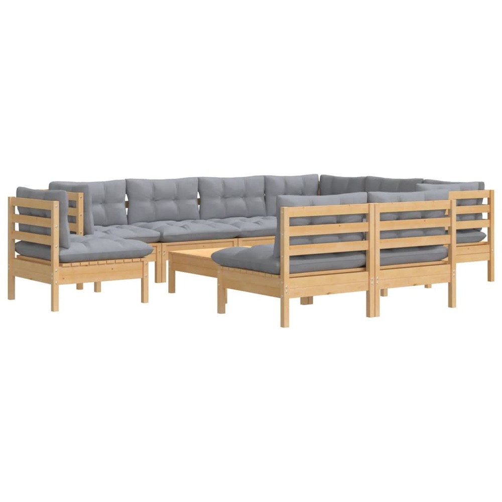 Salon de jardin meuble d'extérieur ensemble de mobilier 10 pièces avec coussins gris bois de pin solide
