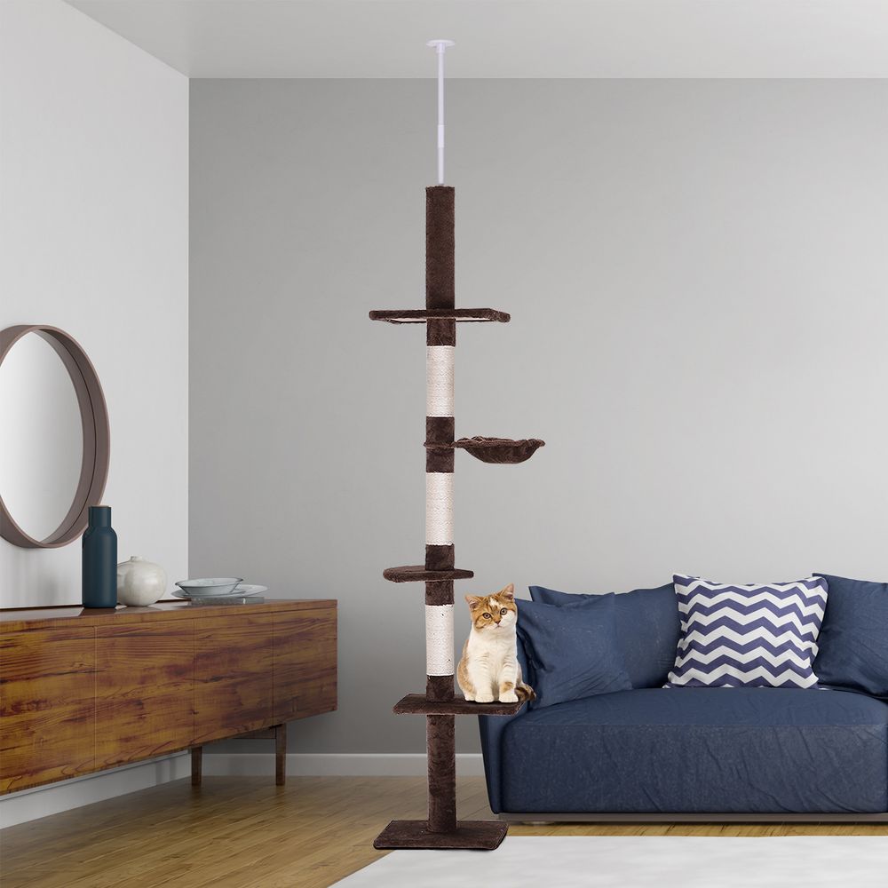 Arbre chat du sol au plafond poteau à griffer l40 x l 34 x h 230-260 cm 5 niveaux d'activités marron