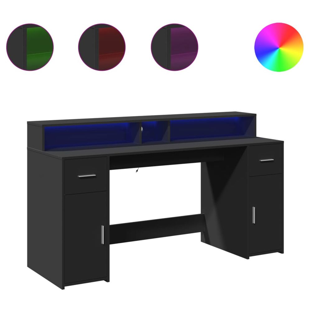 Bureau avec lumières led noir 160x55x91 cm bois d'ingénierie