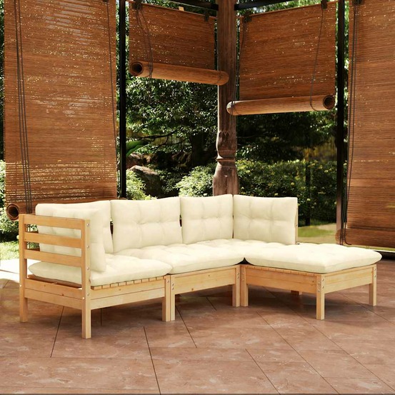 Salon de jardin 4 pcs avec coussins crème bois de pin