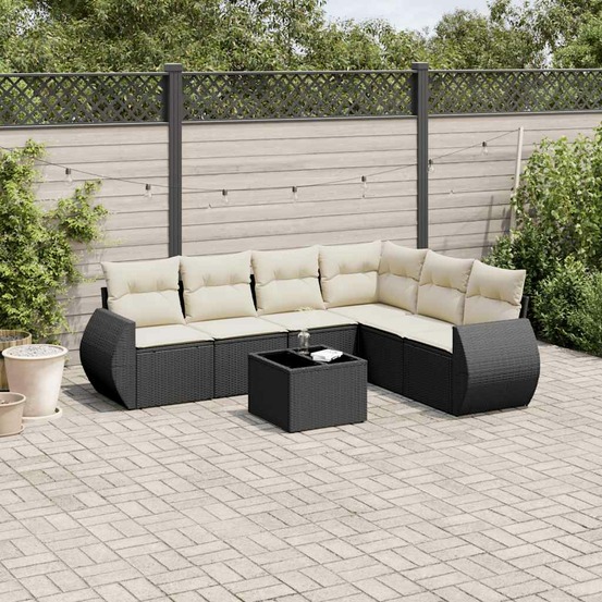 Salon de jardin 7 pcs avec coussins noir résine tressée