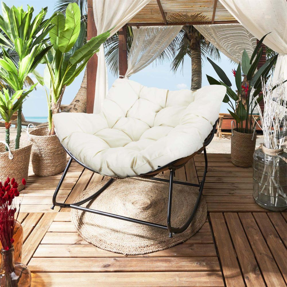 Fauteuil à Bascule Extérieur En Rotin Sweiko - Avec Coussin Moelleux, Cadre Acier, Charge Max 113 Kg (blanc) - 10