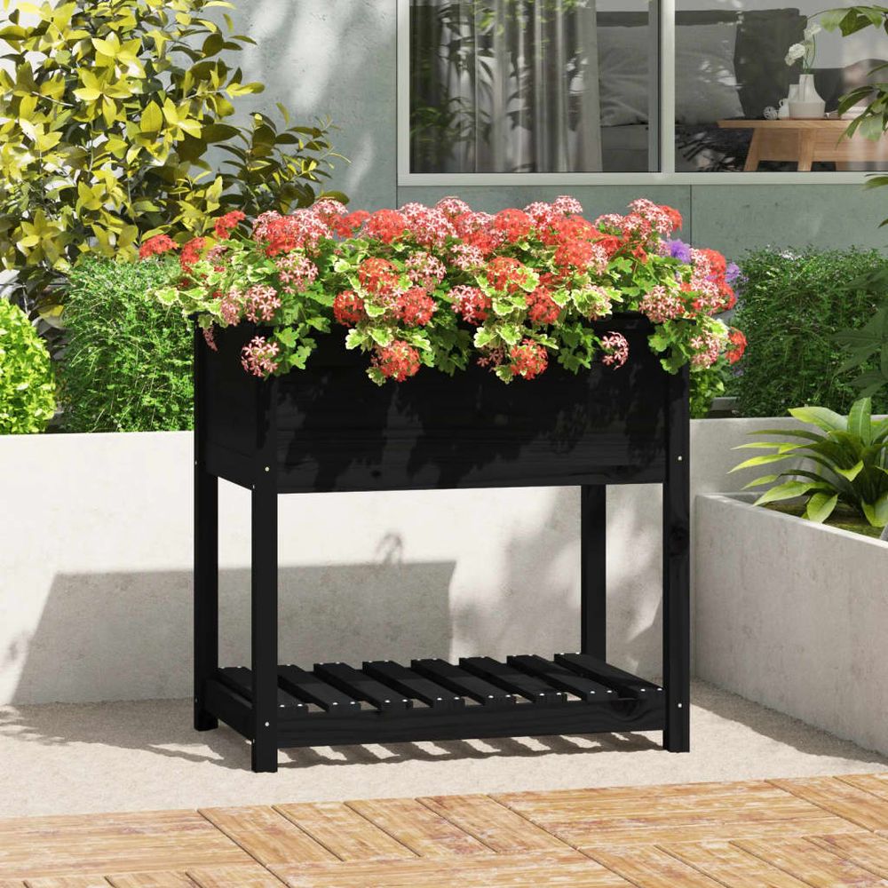 Grand bac à fleurs surélevé bois avec étagère pour jardin noir 82,5cm