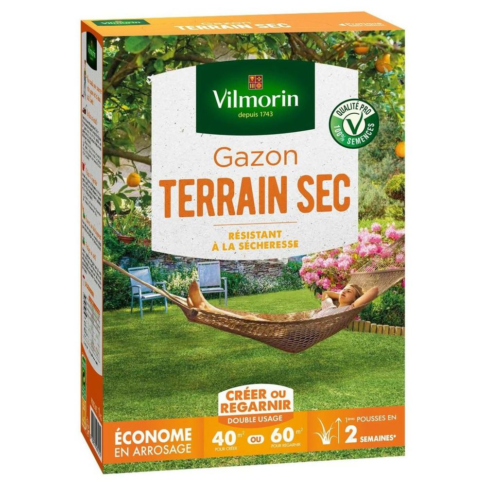 Gazon terrain sec vilmorin 1kg : résistance extrême à la sécheresse et aux sols