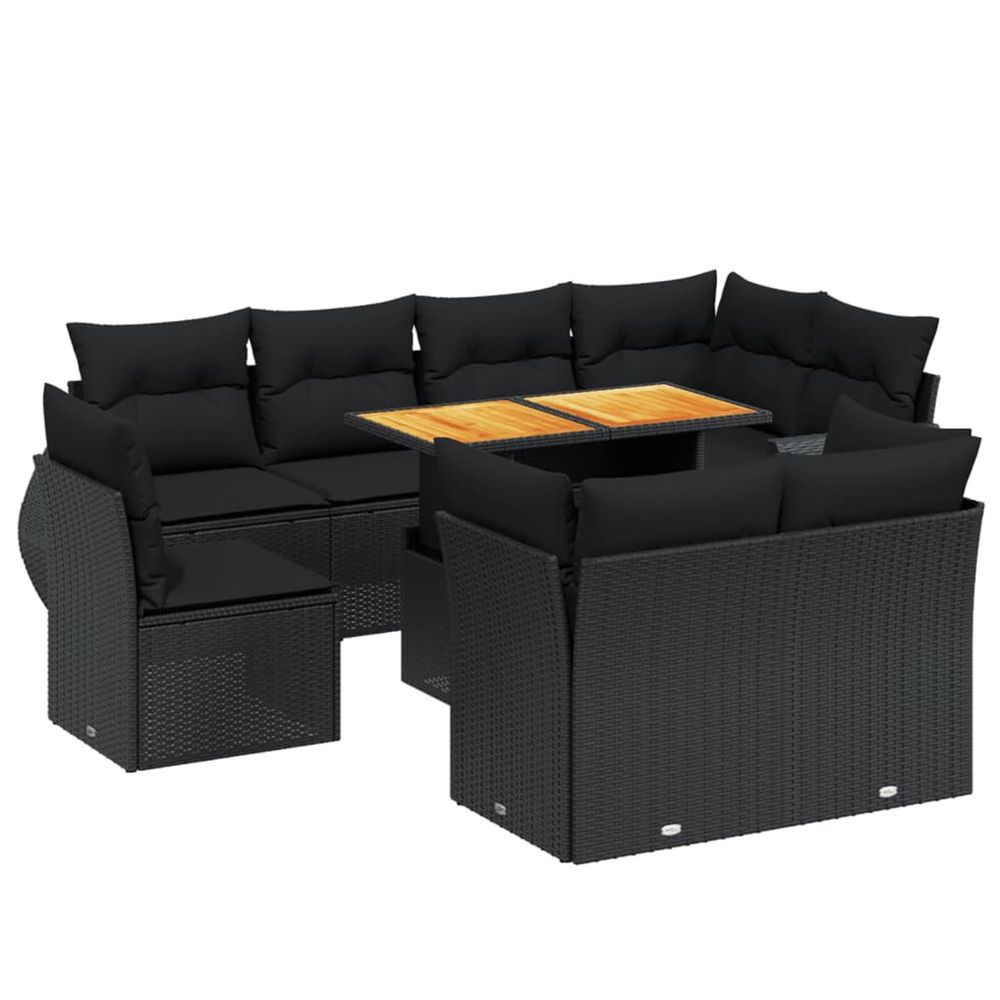 Salon de jardin 9 pcs avec coussins noir résine tressée