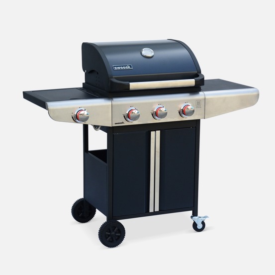 Barbecue gaz bazin 3 brûleurs + 1 feu latéral avec tablettes latérales et thermomètre