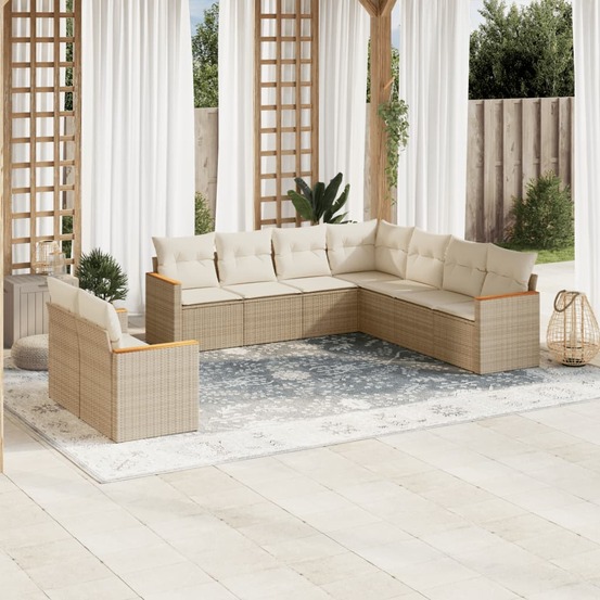 Salon de jardin avec coussins 9 pcs beige résine tressée