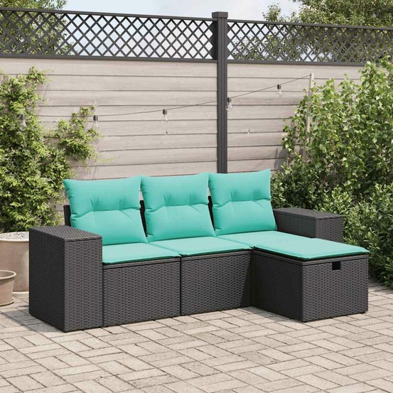 Salon de jardin 4 pcs avec coussins noir résine tressée