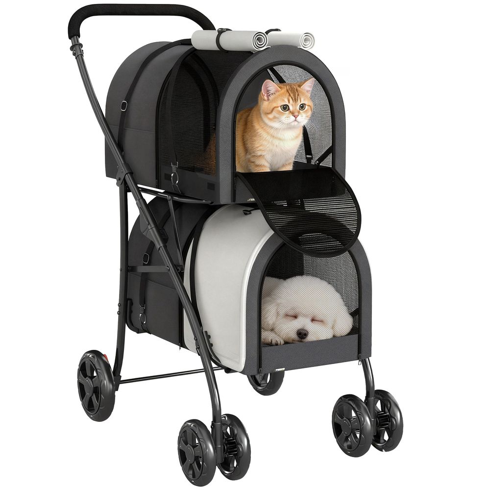 Poussette double pour chiens et chats acier gris 66x50x98 cm pliable 2-en-1