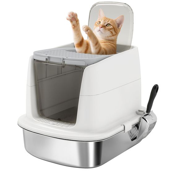 Maison de toilette chat acier inoxydable l 52,4 x 41,3 x 39,8 cm blanche couvercle