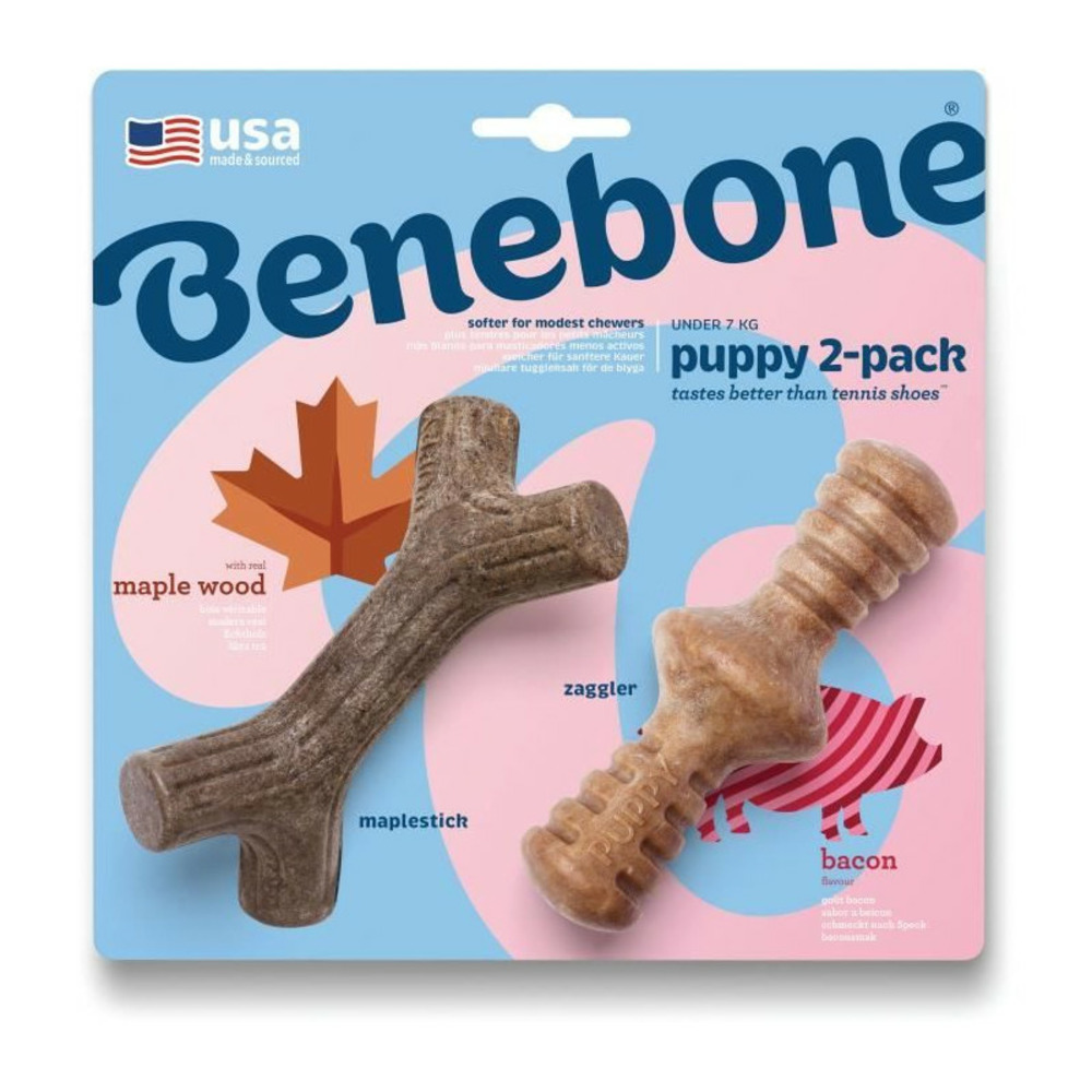 Benebone puppy lot de 2 jouets a mâcher pour chiots durables saveur bacon, bois d'érable véritable