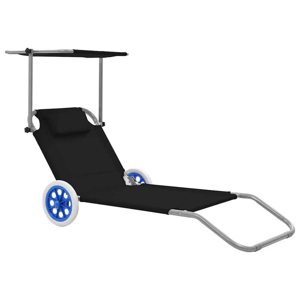 Chaise longue pliable avec auvent et roues acier noir