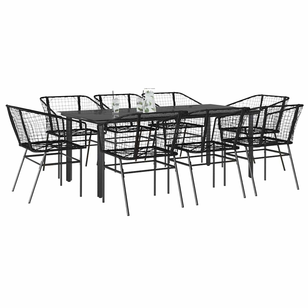 Ensemble à manger de jardin 9pcs noir poly rotin verre