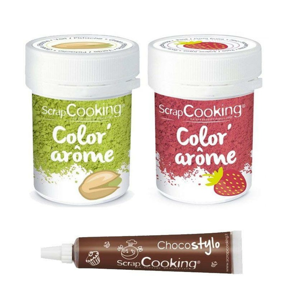 2 colorants alimentaires arômes fraise et pistache + stylo chocolat