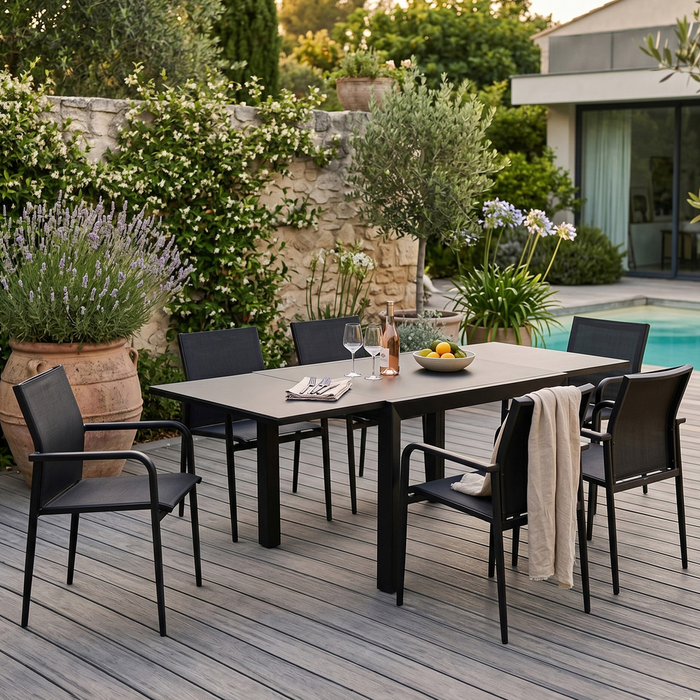 Ensemble 4/8p en aluminium et plateau en verre poli noir avec 6 fauteuils modulo