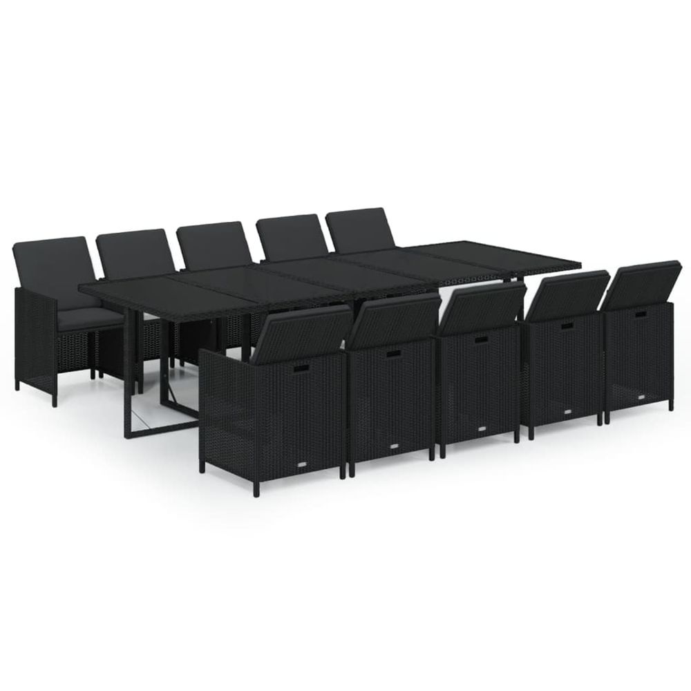 Ensemble à manger de jardin coussins 11 pcs résine tressée noir
