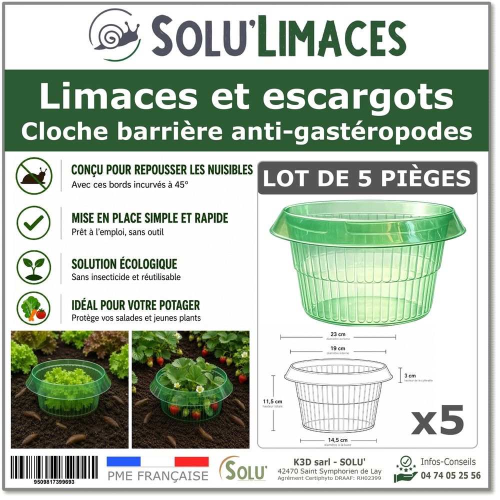 Solu'limaces- 5 cloches barrières limaces et escargots- salades, fraisiers, choux -ø 23 cm