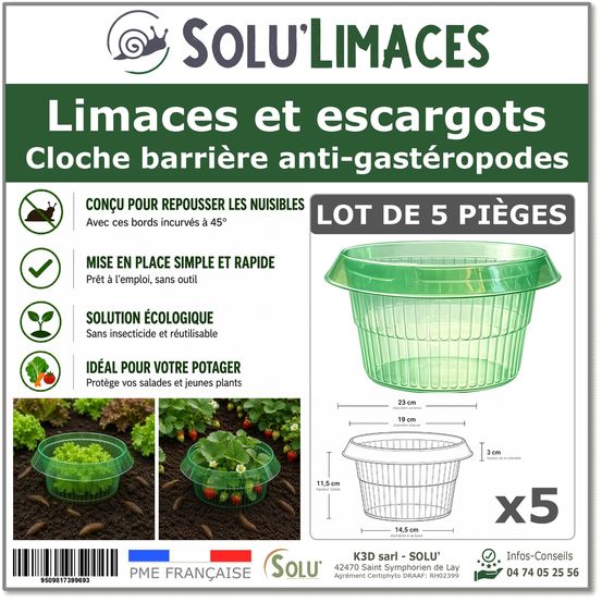 Solu'limaces- 5 cloches barrières limaces et escargots- salades, fraisiers, choux -ø 23 cm