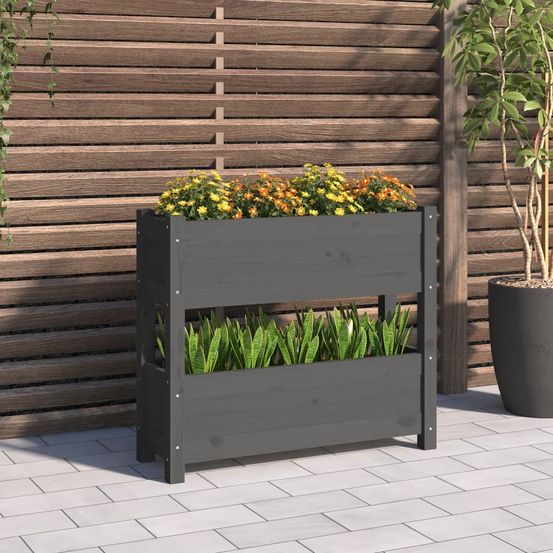 Jardinière étagère 2 bacs en bois de pin petit balcon 77 cm gris