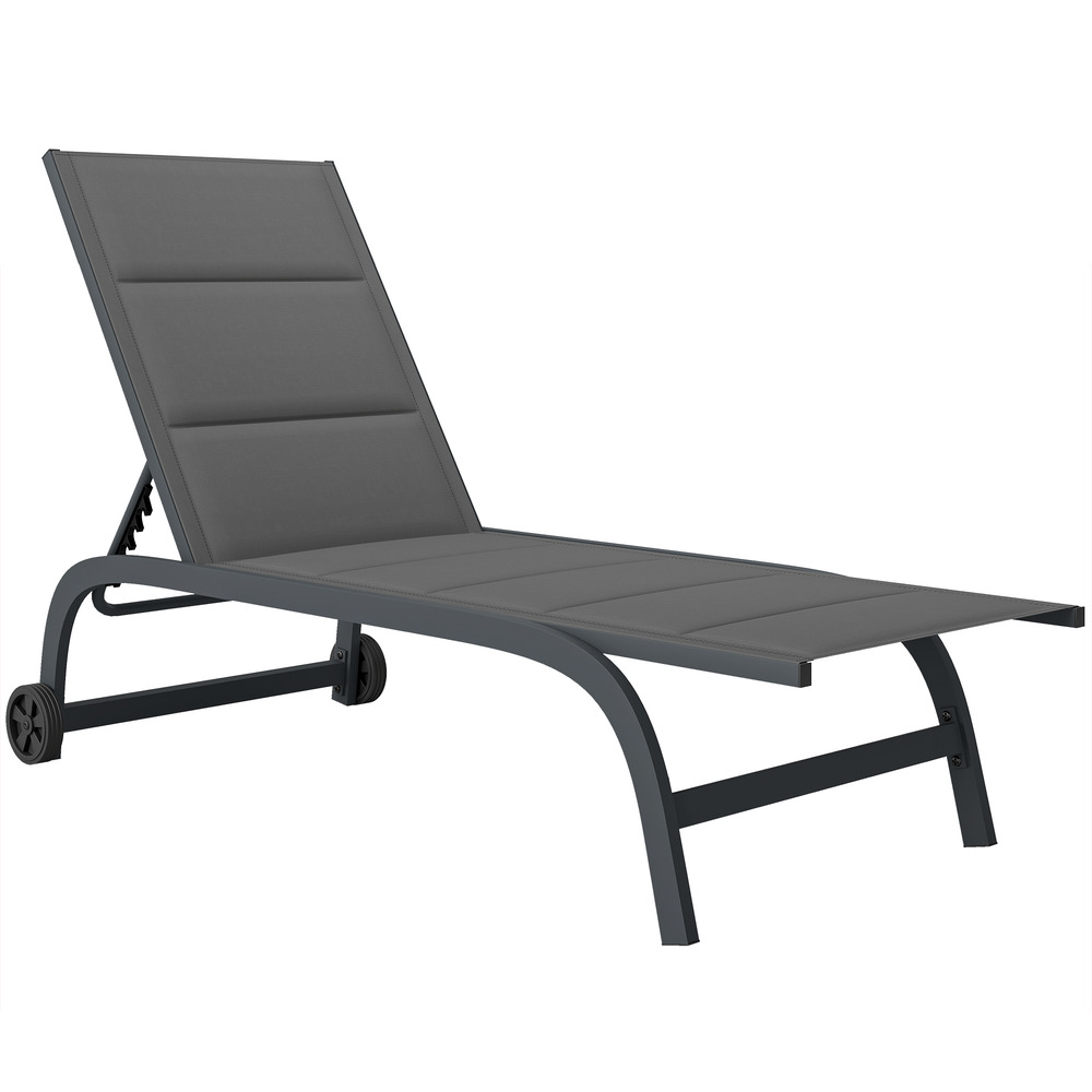 Chaise longue de jardin respirante avec roues de dossier réglables à 6 directions, cadre en aluminium gris