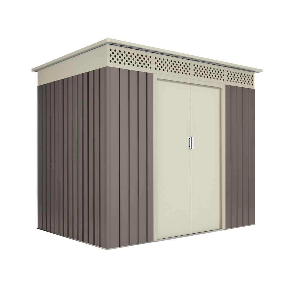 Wasabi - abri de jardin métal 3,02m² coffee – porte coulissante double, toit plat, grilles de ventilation