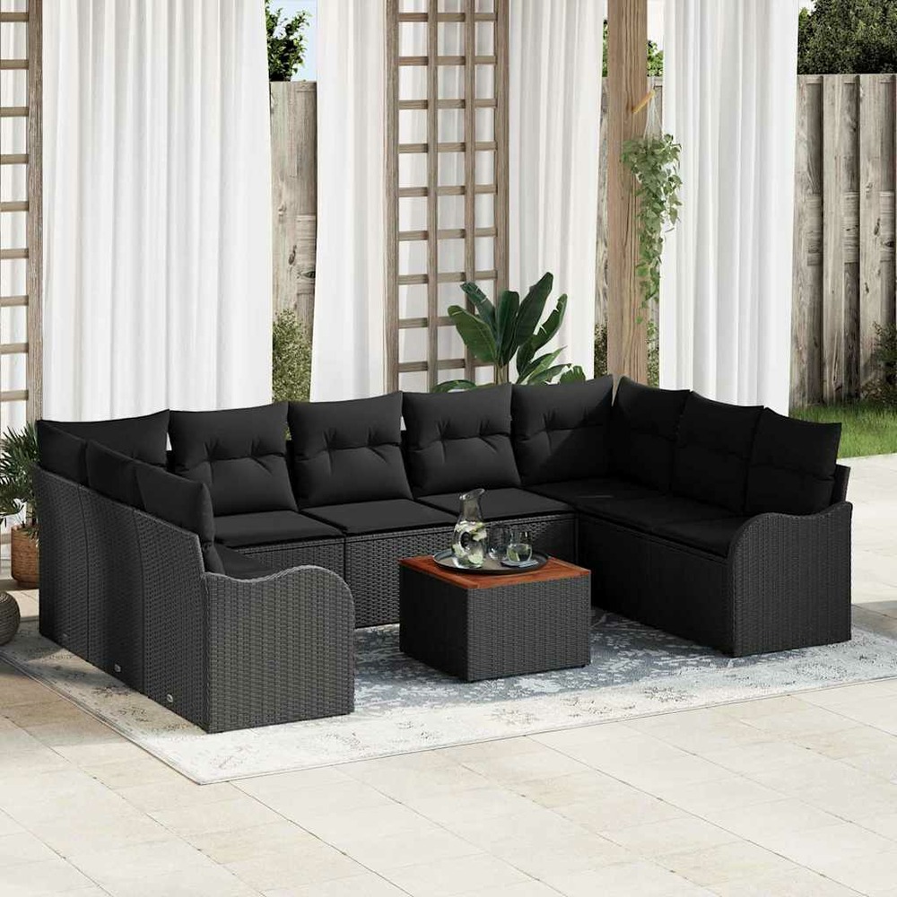 Ensemble de canapé de jardin avec coussin 10 pcs noir polyrotin