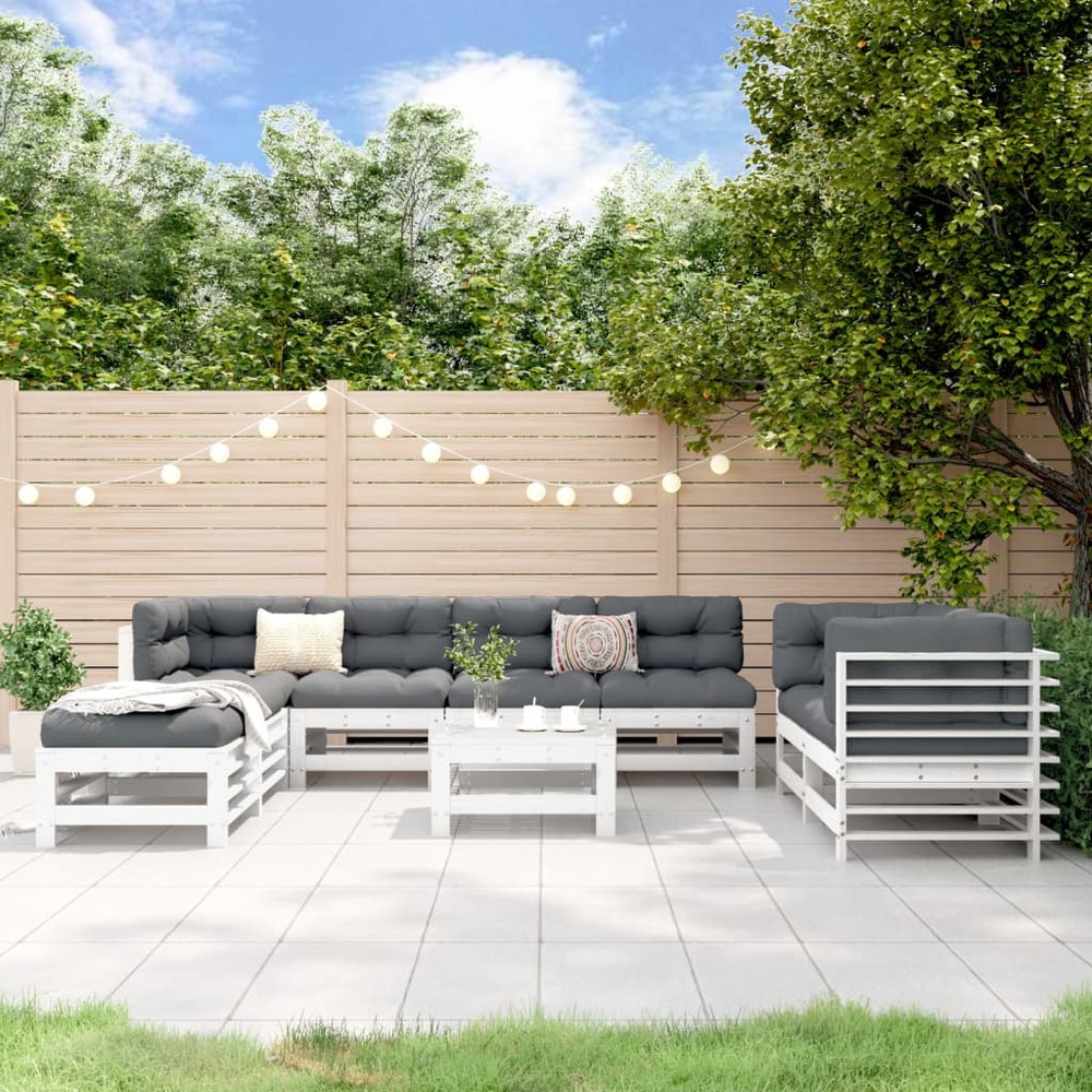 Salon de jardin 9 pcs blanc bois de pin massif