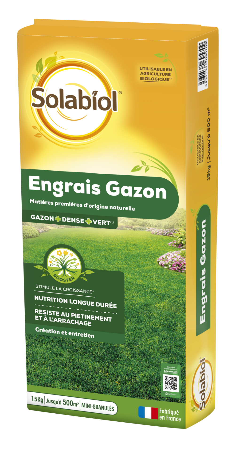 Solabiol engrais gazon longue durée - sac 15 kg - jusqu'à 500m² - résiste au piétinement