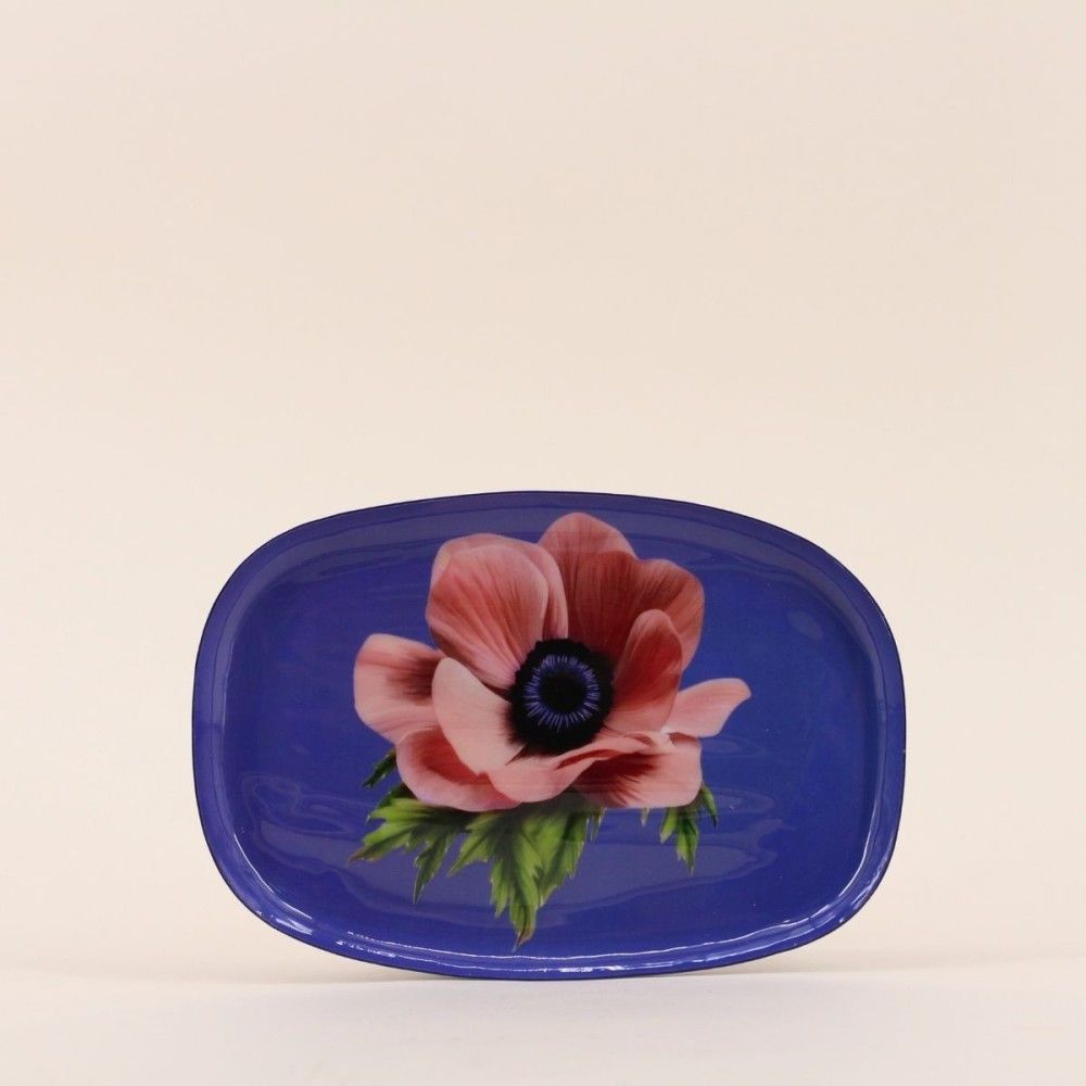 Plateau en métal laqué violet fleuri 20x14cm