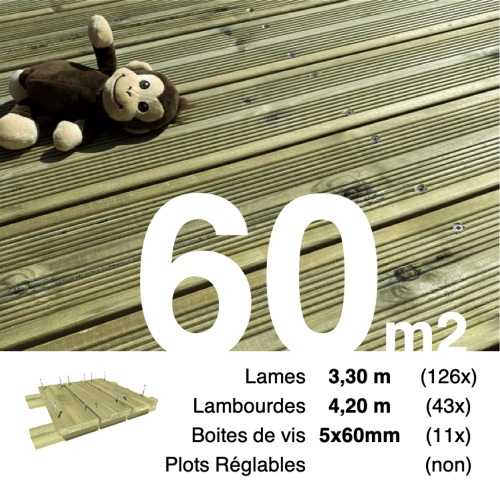 Kit terrasse pin autoclave vert pour 60 m², lames 3,3 m, lambourdes 4,2 m et visserie inox.