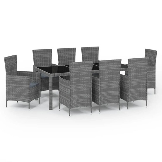 Mobilier à dîner de jardin 9 pièces et coussins résine tressée gris
