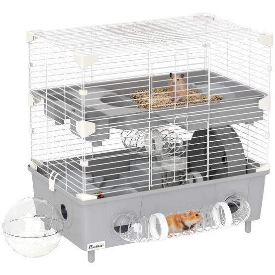 Cage hamster nain acier 2 niveaux accessoires ludiques ventilation 44x28x44cm gris