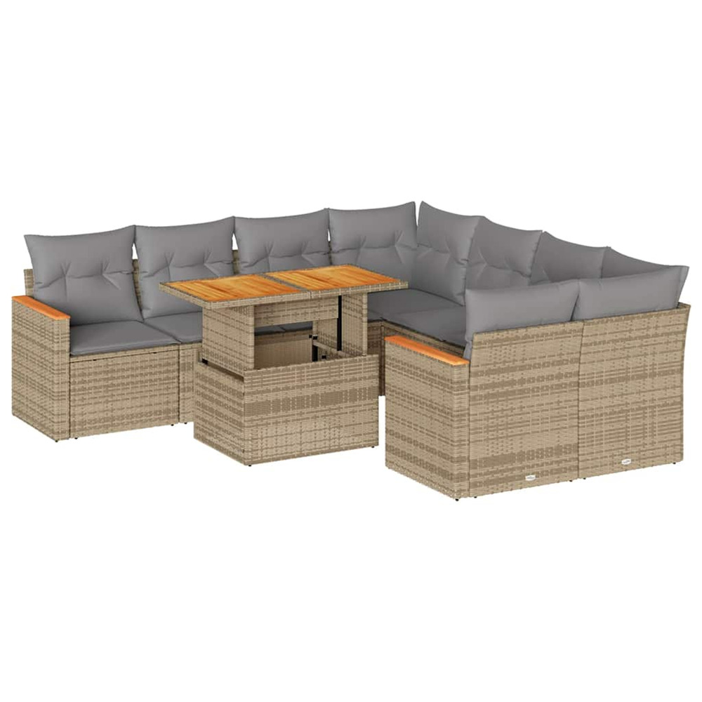 Salon de jardin avec coussins 9 pcs beige résine tressée acacia