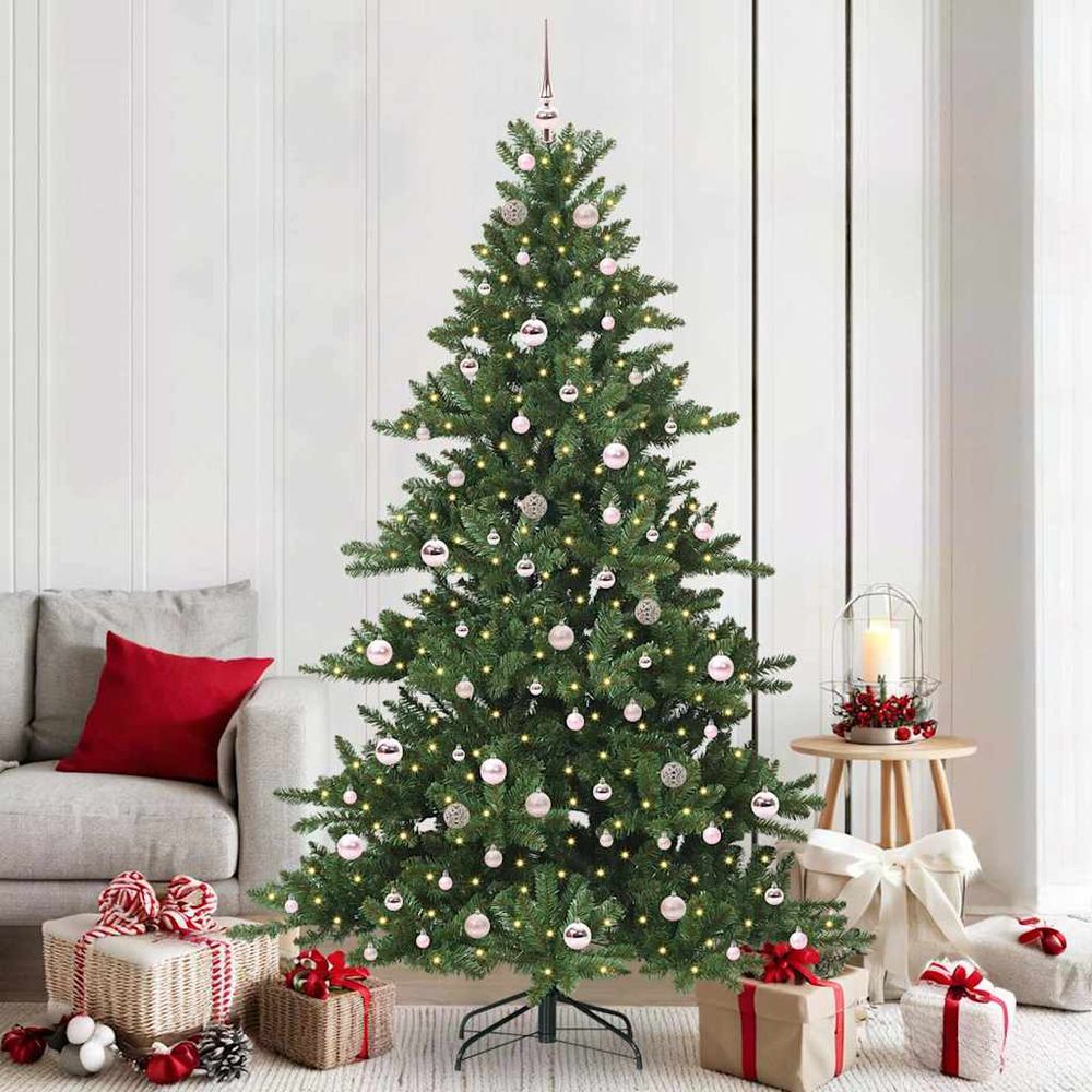 Arbre de noël artificiel vert 210 cm, prêt à décorer avec lumières led et 120 boules