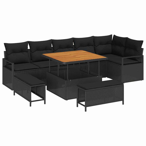Ensemble de canapé de jardin avec coussin 9 pcs noir poly rotin