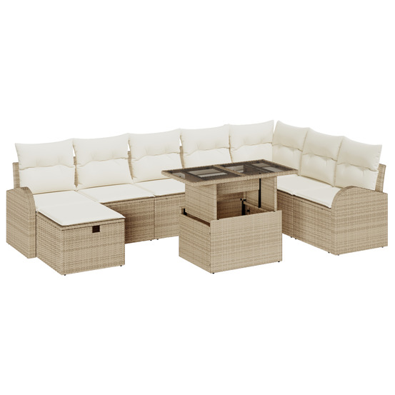 Ensemble de sofa de jardin de 9 pièces avec coussins beige en rattan poly