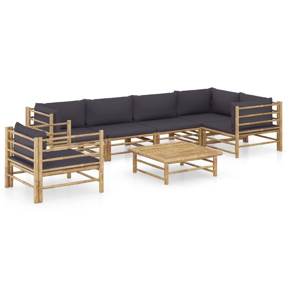 Salon de jardin 7 pcs avec coussins gris foncé bambou