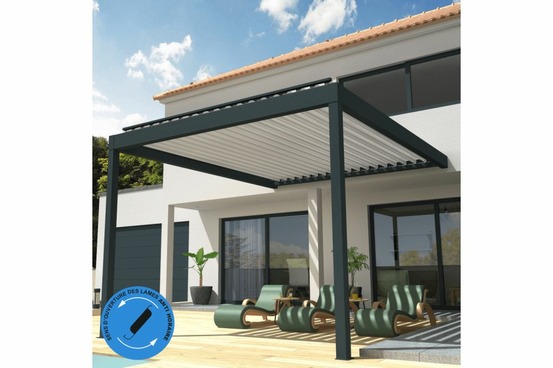 Pergola bioclimatique cocoon perpendiculaire antihoraire mixte gris anthracite / blanc 4,576x3,50m verin + led